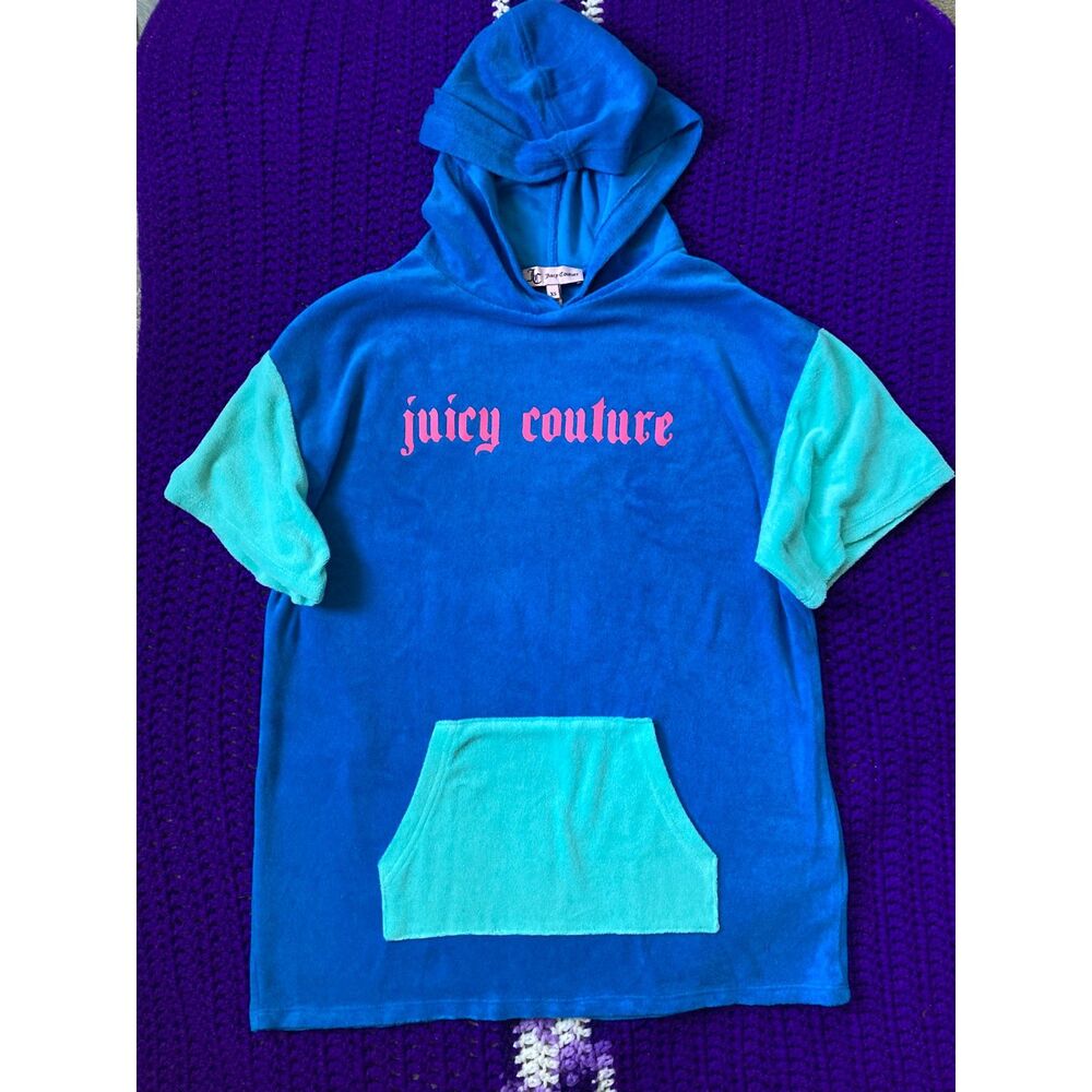 Juicy Couture Short Sleeve Pullover Hoodie Blue & Teal Colorblock XS Terry Top